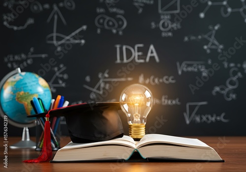 Illuminated light bulb atop an open book with graduation cap and globe symbolizing academic achievement and new ideas