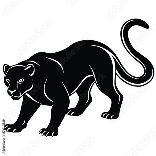 A sleek black panther prowls with a curved tail and white accents silhouette