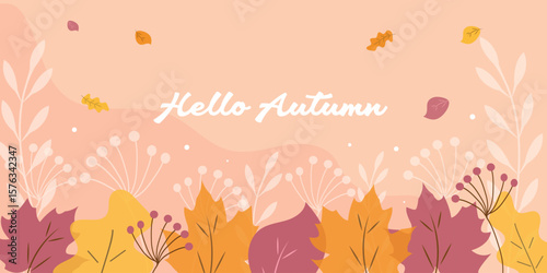 Autumn season background. Banner with leaves yellow, orange, red. Vector illustration