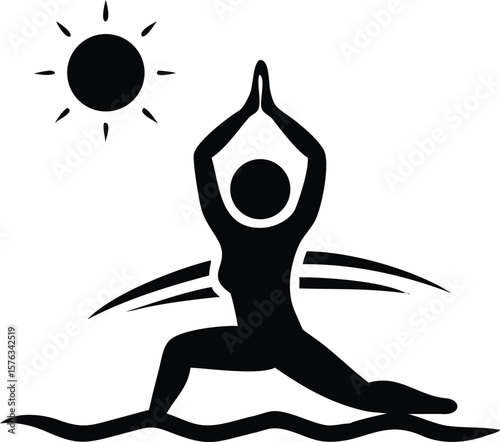Black Silhouette Woman Yoga Pose Sun Ocean Water Abstract Minimalist Graphic vector