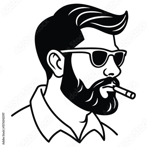 Stylish man with beard sunglasses and cigar silhouette