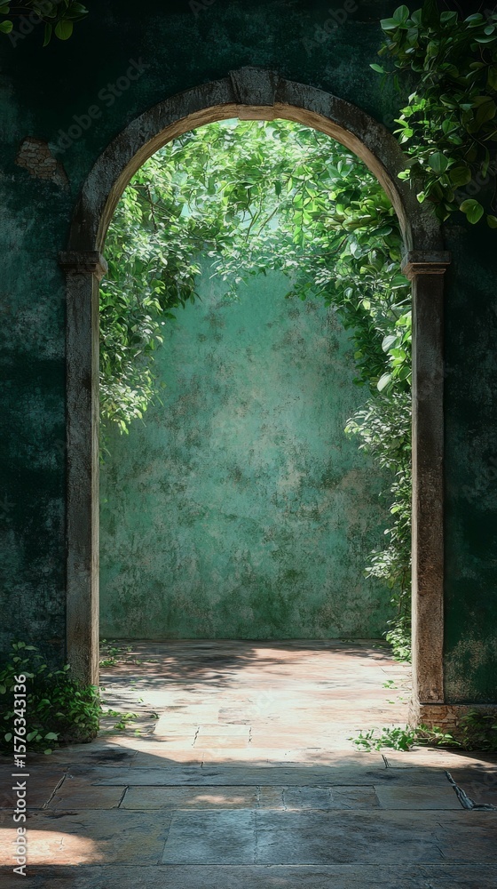 Obraz premium Arched Stone Portal with Vines Leading to Emerald Green Wall