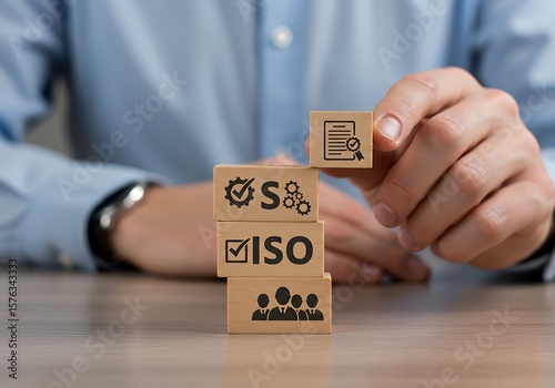 Hands stacking wooden blocks representing iso certification quality management and team collaboration for business success