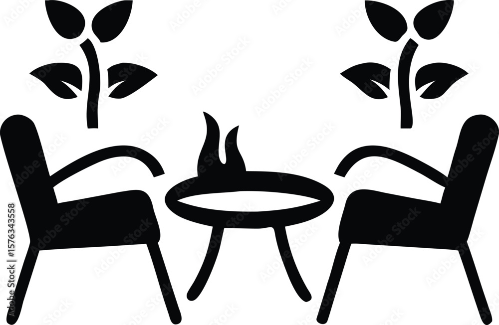 Fototapeta premium Two Black Chairs Facing Each Other Around a Small Round Table with Flames and Plants vector