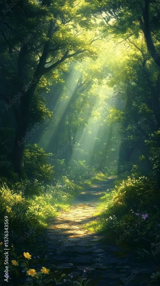 Fototapeta premium Walking on Forest Path with Sunbeams Shining Through the Trees