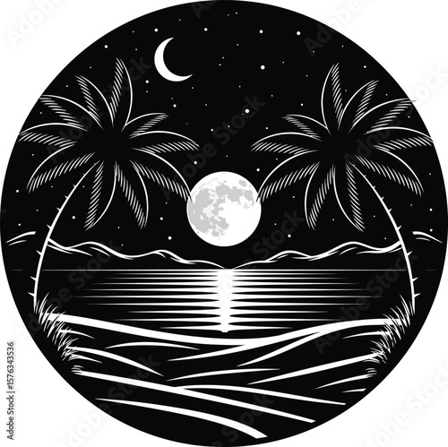 Stylish black and white tropical night scene, perfect for a logo or graphic design.