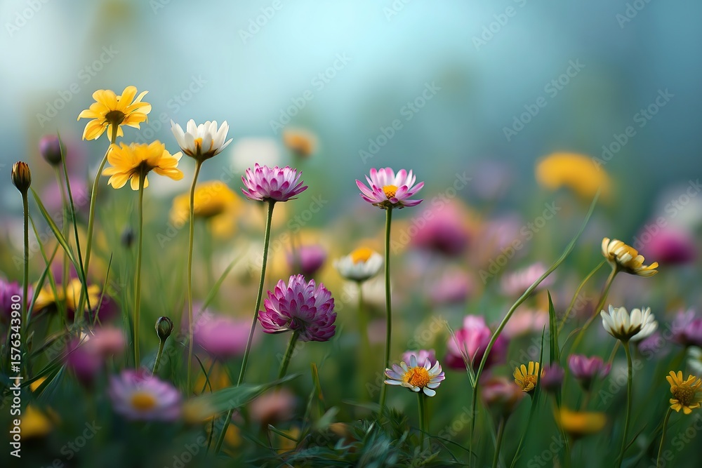 Fototapeta premium Delicate pink and white wildflowers blooming in a vibrant spring meadow with soft pastel tones, sunlight, and a dreamy, bokeh-style background, evoking a peaceful and romantic atmosphere.