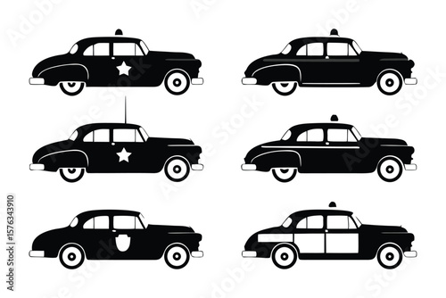 Classic Police Cars: Silhouette illustrations of various classic police cars in black and white, showcasing vintage design and authority.