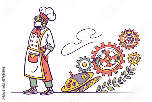 Steampunk Chef and Culinary Machine: An imaginative illustration showcases a steampunk chef and his innovative cooking device, combining elements of culinary arts and mechanical innovation.