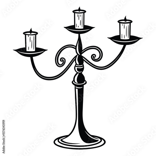 A black and white silhouette illustration of a classic, multi-branched candelabra holding three burning candles. The design features elegant curves and a traditional aesthetic.