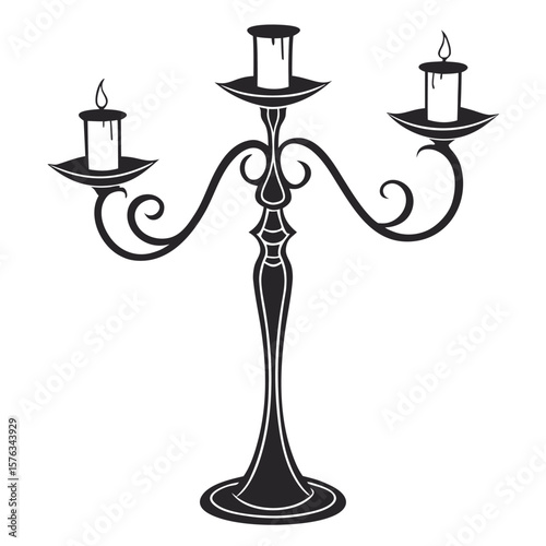 A black silhouette of a three-armed candelabra with lit candles on each arm. The design features ornate, curved arms and a sturdy base.