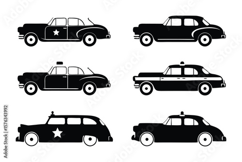 Classic Police Car Collection: A sleek collection of classic police cars, meticulously illustrated in bold black silhouettes against a crisp backdrop. Capturing a timeless essence. 
