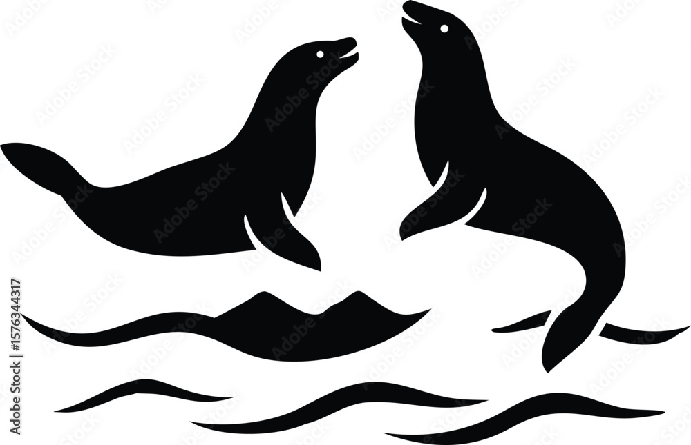 Obraz premium Two Black Silhouettes of Seals Playing in Ocean Waves Simple Graphic Design vector