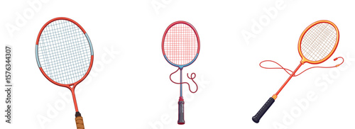 Set of Broken badminton racket string concept of sport, made in bright clean pastel colors, with smooth, clear, ultra-thin black outline  