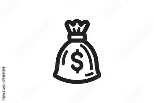 Simple black and white line art icon of a money bag with a dollar sign symbolizing wealth and financial success