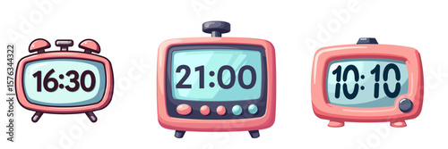 Set of Analog clocks displaying different times in playful pastel colors  