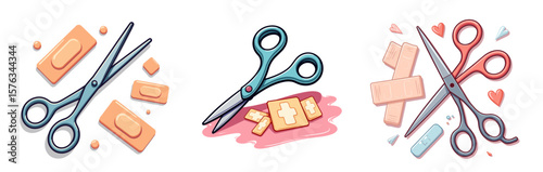 Set of Medical scissors and bandages on table in bright clean pastel colors  
