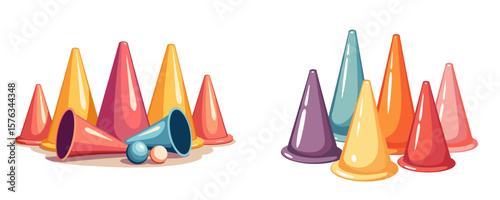Sports cones in formation, made in bright clean pastel colors, with smooth, clear, ultra-thin black outline  