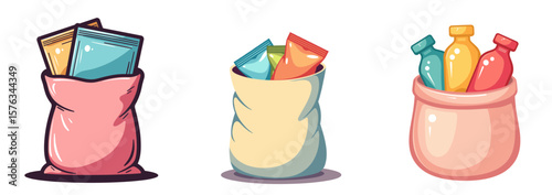 Set of Colorful bags filled with protein sachets and bottles in pastel colors  