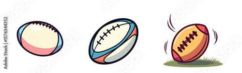 Set of Rugby ball illustrations in bright pastel colors with black outline  