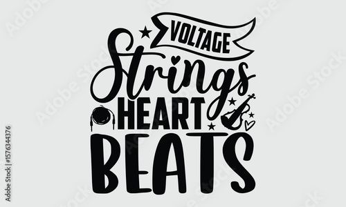 Voltage Strings Heart Beats- Electric Violin T-shirt Design, minimalist black and white vector artwork. Modern and clean look for stylish, music-inspired apparel designs.