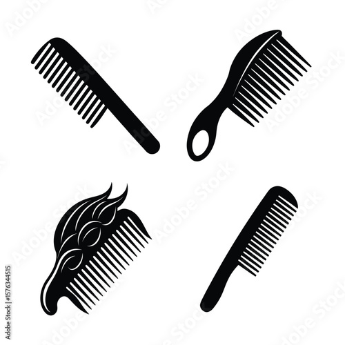 Hair comb Silhouette Icon Set Black Vector Graphic Isolated on White Background