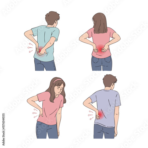 Handdrawn Minimalist Back Pain Symptom Illustration of Diverse People Suffer