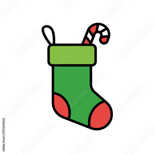 Green and Red Christmas Stocking Candy Cane Icon Bold Black Outline Simple Design