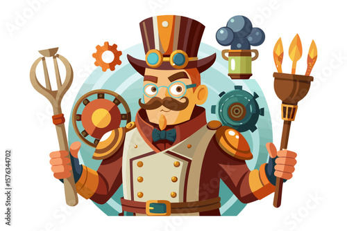 Steampunk Chef Conjures Culinary Magic: A whimsical vector illustration features a steampunk chef surrounded by gears, cooking utensils, and flames, hinting at a fantastical culinary world.