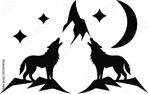 Two Black Wolf Silhouettes Howling at a Mountain Under a Crescent Moon and Stars Night Sky wolves