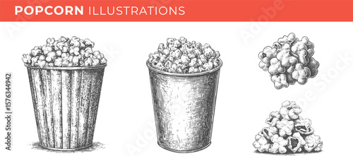 Set illustrations of popcorn isolated on transparent background. Vector graphics