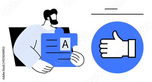 Person holding puzzle piece with letter A, symbolizing connection. Thumbs-up icon nearby for approval. Ideal for teamwork, approval, communication, solutions, collaboration, learning simple landing