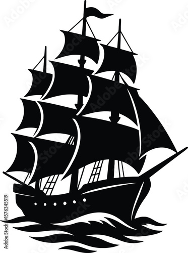 Bold silhouette of a sailing ship on the waves.
