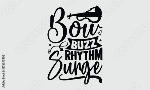 Bow Buzz Rhythm Surge- Electric Violin T-shirt Design, striking vector concept isolated on white. Handcrafted look suitable for fashionable t-shirt and garment printing.