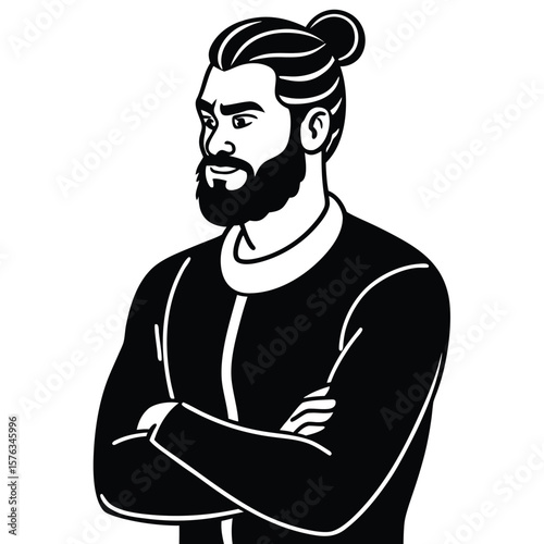 Stylish man with beard and man bun looking to the side silhouette