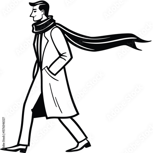 Stylish man wearing a long scarf and coat walking confidently silhouette