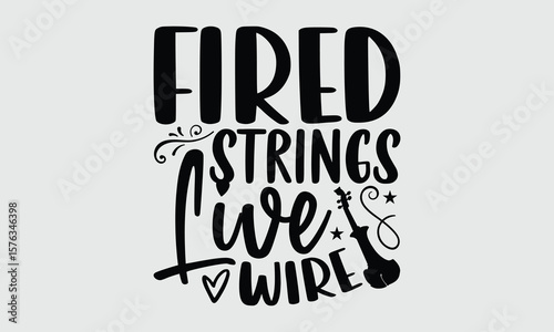 Fired Strings Live Wire- Electric Violin T-shirt Design, monochrome vector art with clean lines. Ideal for fashion-forward shirt designs and creative music visuals.