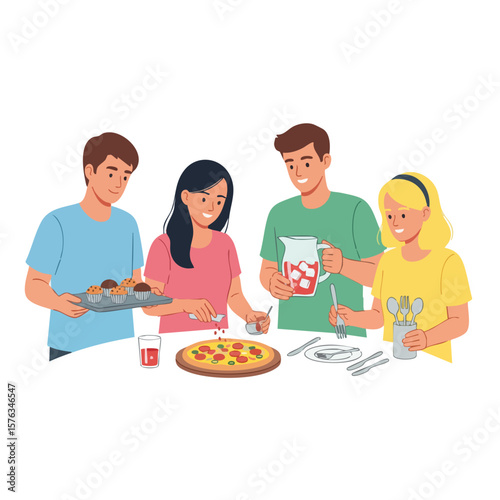 Colorful Flat Style Group of People Gathering Eating Dinner Illustration