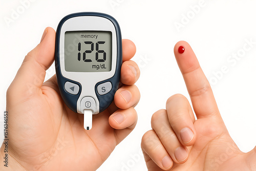 A person holding a blood glucose meter displaying a reading of 126 mg/dL next to a fingertip with a drop of blood, representing blood sugar testing for diabetes monitoring.
