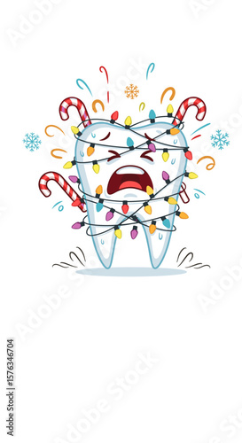 Cartoon tooth wrapped in Christmas lights, the concept of dental holiday stress