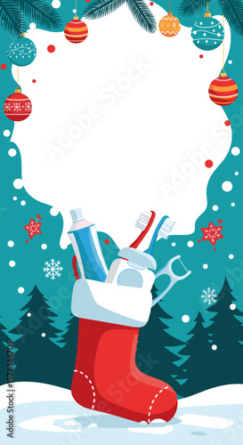 Dental care products in a Christmas stocking on a winter backdrop, with copy space