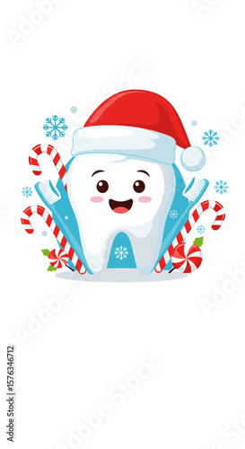 Cartoon tooth wearing santa hat with candies and toothbrush, for dental awareness