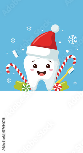 Cartoon tooth wearing a Christmas hat with sweets, on blue with copy space