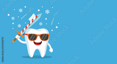 Cool tooth holding a candy cane toothbrush sword, holiday health promotion with copy space