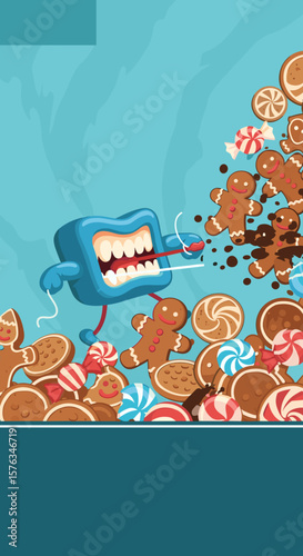 Humorous Christmas concept of teeth hygiene with brushing teeth, to promote dental care, with copy space