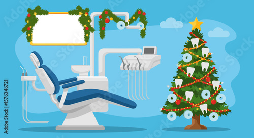 Dental office Christmas celebration with decorated equipment, with copy space