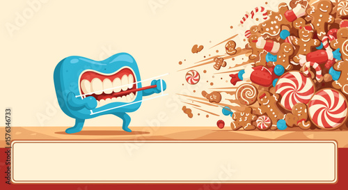 Cartoon tooth flosses into gingerbread, holiday dental invitation, with copy space. Humor.