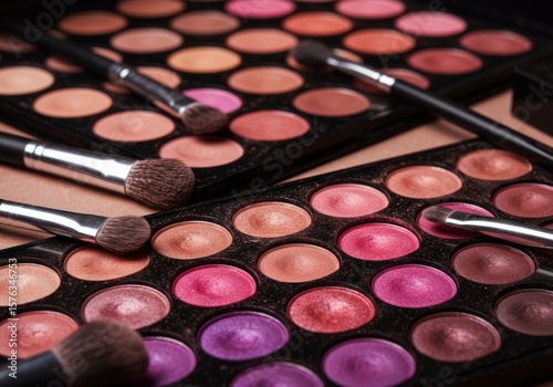 An array of professional eyeshadow palettes in various shades and textures, with makeup brushes, arranged for a beauty or cosmetics theme.