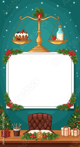 Scales of justice with dessert and milk holiday card with copy space.  Christmas party invitation for lawyers. Poster, postcard, event, greeting.