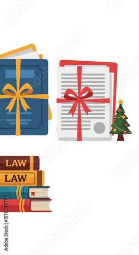 Law themed Christmas invitation with books, documents and a tree, for holiday event.  Christmas party invitation for lawyers. Poster, postcard, event, greeting.